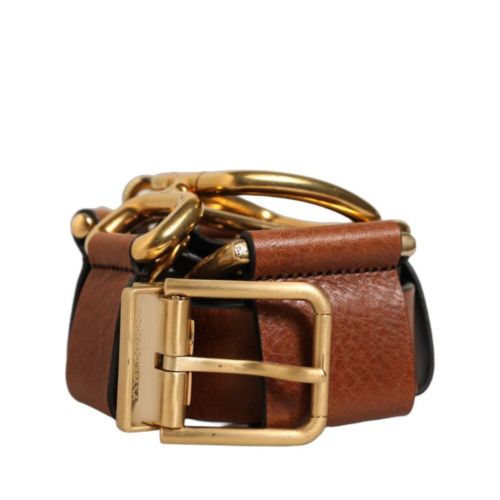 Dolce & Gabbana Brown Leather Gold Metal Rings Buckle Men's Belt